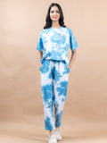 Blue Color Good Vibes Printed Tie-Dye Cotton T-Shirt and Jogger Set For Women