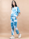 Blue Color Good Vibes Printed Tie-Dye Cotton T-Shirt and Jogger Set For Women