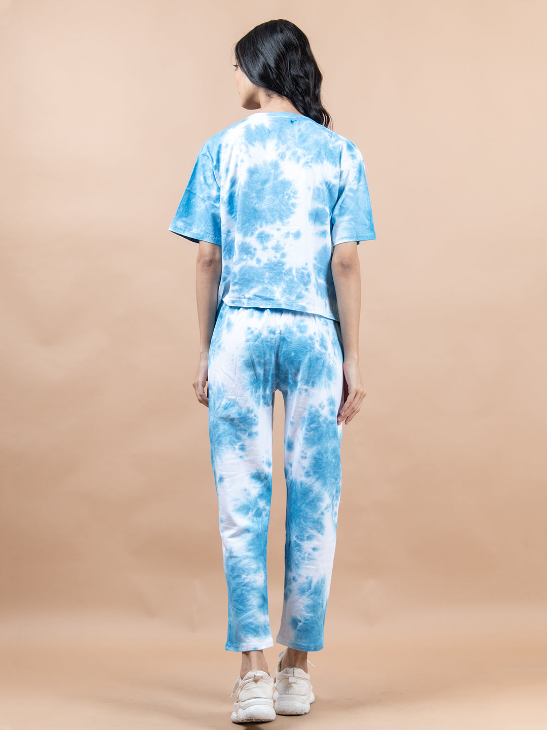 Blue Color Good Vibes Printed Tie-Dye Cotton T-Shirt and Jogger Set For Women