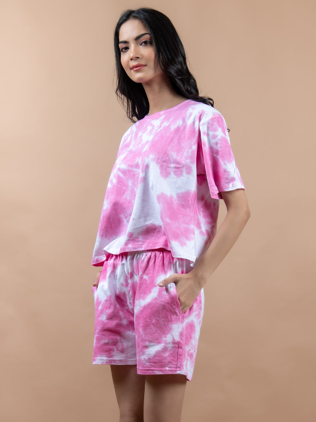 Pink Color Tie-Dye Cotton T-Shirt and Shorts Set For Women