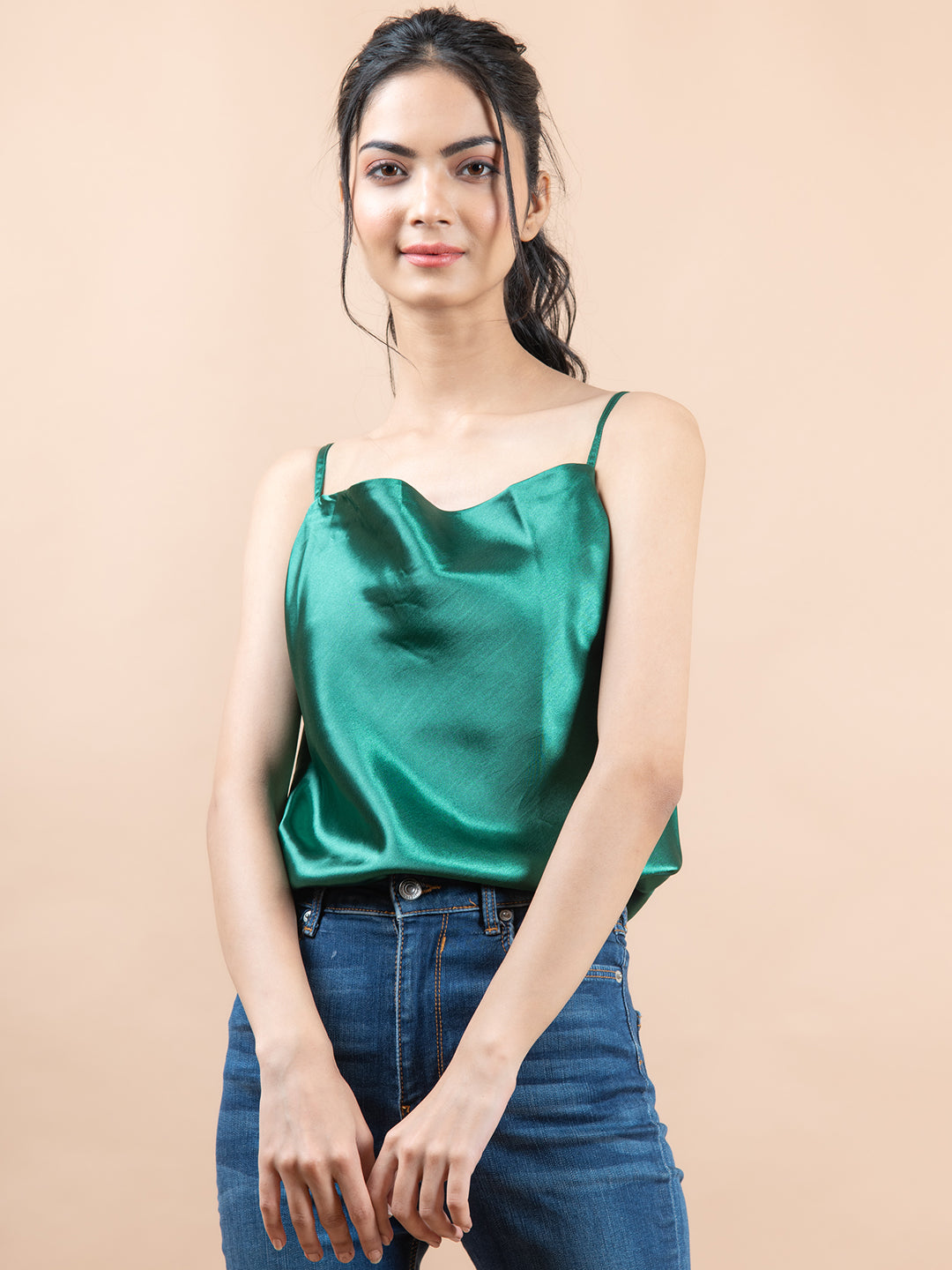 Bottle green cowl neck cami top