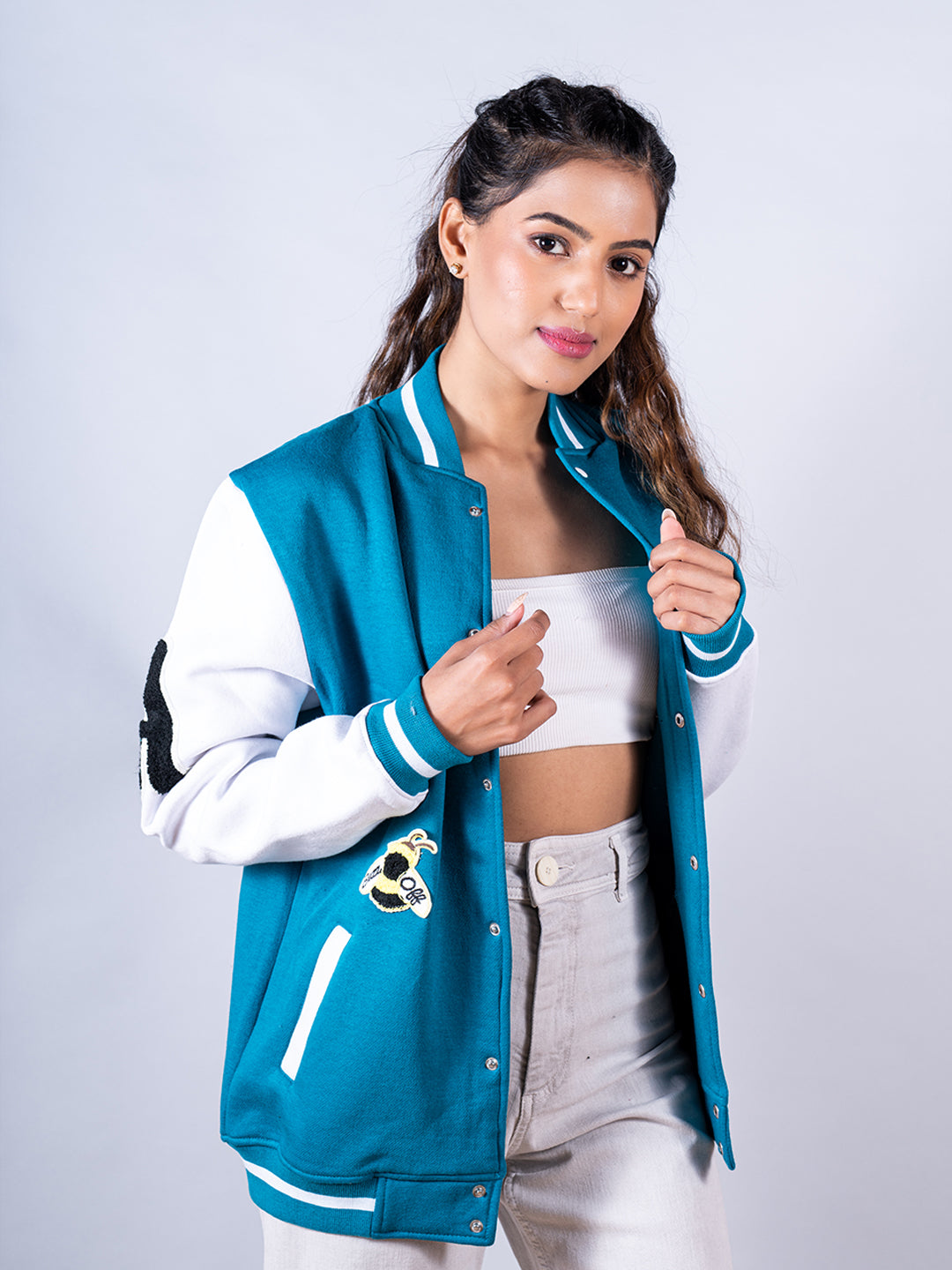 Teal Blue Buzz Off Varsity Jacket